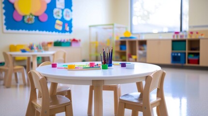 Colorful tools and art supplies await imaginative minds at a spotless child's art table in a cheerful learning environment. The space encourages creativity and exploration