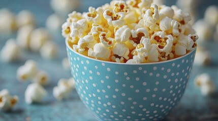 Detailed view of popcorn in a blue polka dot container with a matching blue background, AI generated