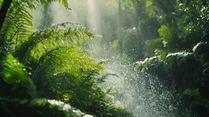 Rainforest, sunlight, rain, ferns, lush, green, nature, tranquility, background, wallpaper