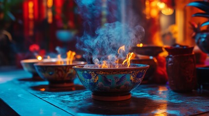 A vibrant scene featuring colorful bowls with dancing flames and swirling smoke, creating a tranquil and spiritual atmosphere perfect for relaxation or meditation.