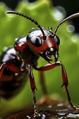 Fototapeta premium Close up of a red wood ant glistening with delicate raindrops, AI generated