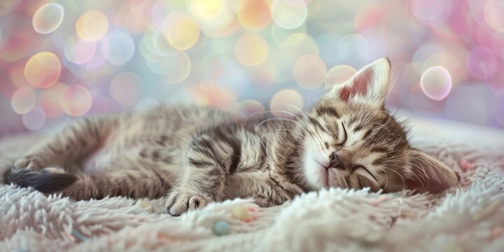 Banner with cute small sleeping tabby kitten. Generative AI, AI generated