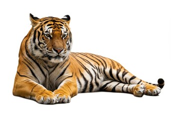 Obraz premium A majestic Bengal tiger lying down with its front paws extended isolated on a white background