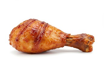 A single glazed barbecue chicken drumstick with a crispy outer texture isolated on a white background