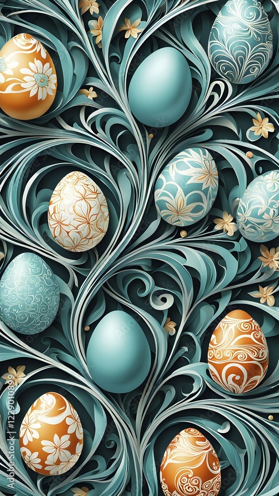 Poster a whimsical abstract pattern with intertwined ribbons, eggs, and floral motifs, with a mix of sharp 