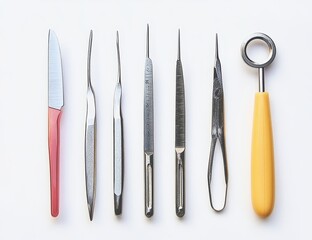 Assortment of metallic and plastic tools with red and yellow handles on white background.