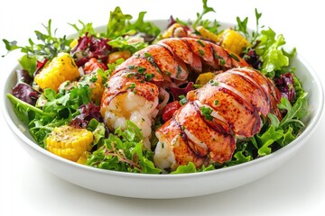 Fototapeta premium Delicious Grilled Lobster Tail Salad with Corn and Mixed Greens