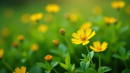 Obraz premium Vibrant Yellow Blossoms in a Lush Green Meadow, a Close-Up View of Delicate Petals and Gentle Sunlight Illuminating the Scene