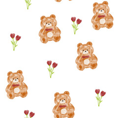 Watercolor teddy bear with flowers red rose, cute hand drawn baby animals seamless pattern.