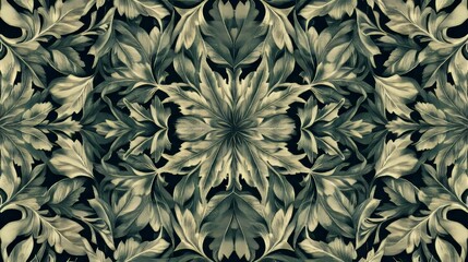 Intricate green leaf pattern on a dark background featuring symmetrical design and natural motifs