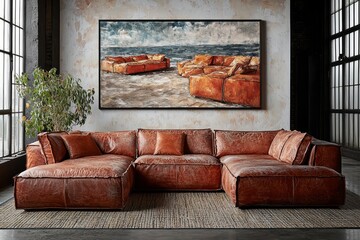 Distressed Leather Sectional Sofa With Seascape Artwork