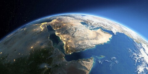 Highly detailed Earth with atmosphere, exaggerated relief and light-flooded cities. Transition from night to day. Saudi Arabia. 3D rendering. Elements of this image furnished by NASA