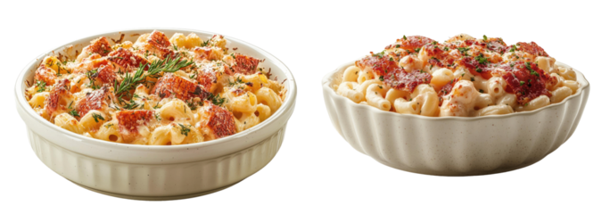 Creamy Mac and Cheese with Crispy Bacon and Herbs in White Bowls
