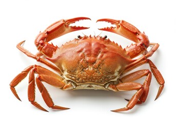 A cooked red crab with large claws and a glossy shell isolated on a white background