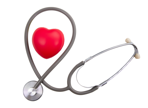 Medical stethoscope and red heart isolated on white, transparent. Health, love concept