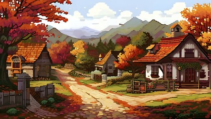 Pixel art style illustration of a cozy village in the ambience of autumn season, AI generated