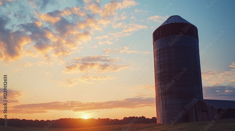 Poster a large silo is in the middle of a field with a beautiful sunset in the background. the sky is fille