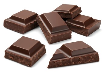 Several chunks of broken dark chocolate with sharp edges and a rough texture isolated on a white background