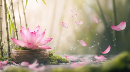 Pink lotus flower in a bowl with falling petals and bamboo.