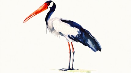 Beautiful Watercolor Painting of a Saddle-billed Stork Standing