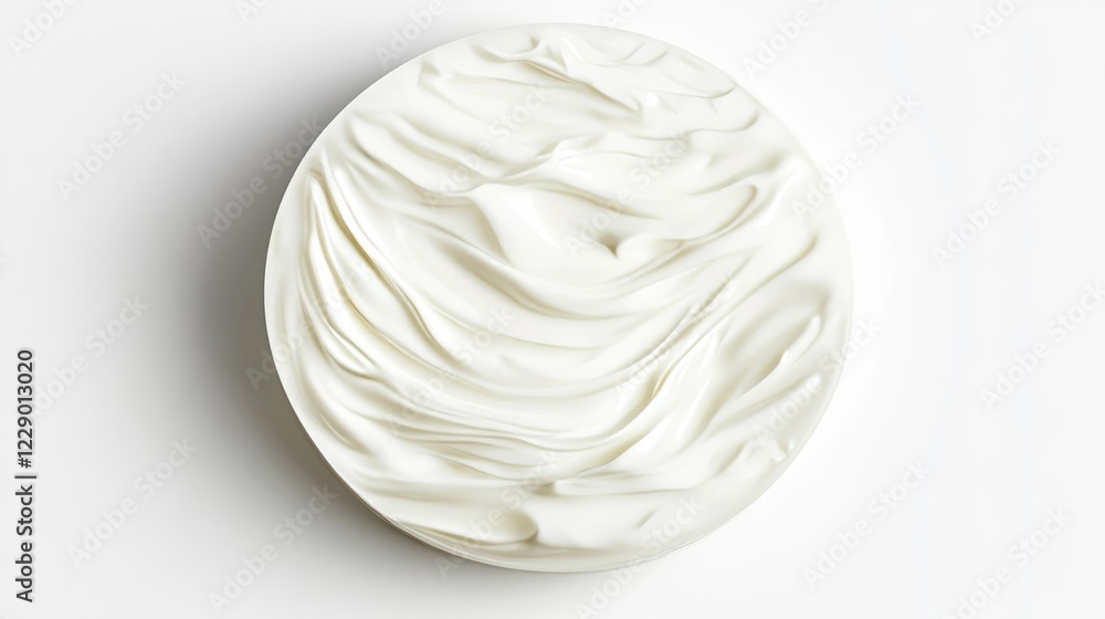 Poster artwork of textured white circular sculpture showcasing flowing patterns and soft shadows in minimal