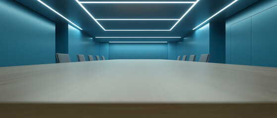 Fototapeta premium conference room blue background, wooden table, high-end chairs, and soft lighting