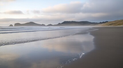 Obraz premium Misty coastline at dusk with gentle waves, reflecting sky and distant hills along a long beach