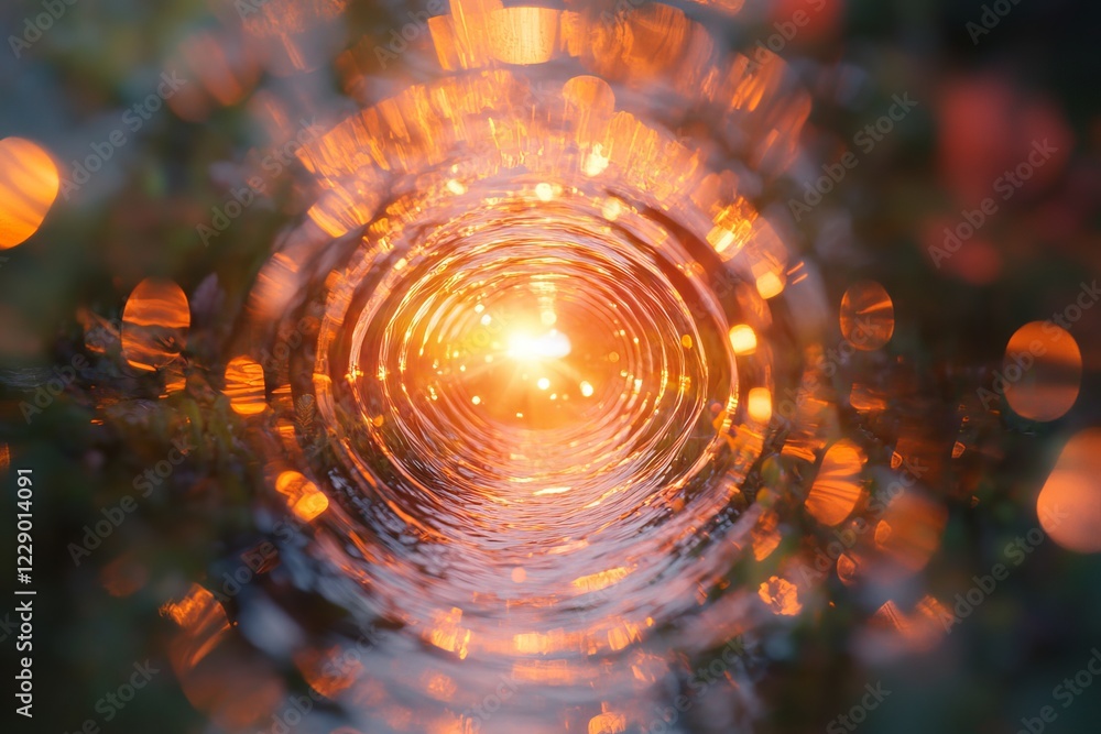 Poster a mesmerizing abstract image of a light tunnel with bokeh, featuring warm tones and a dreamlike atmo