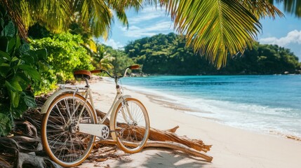 An old-fashioned bicycle standing near driftwood on a deserted tropical beach.