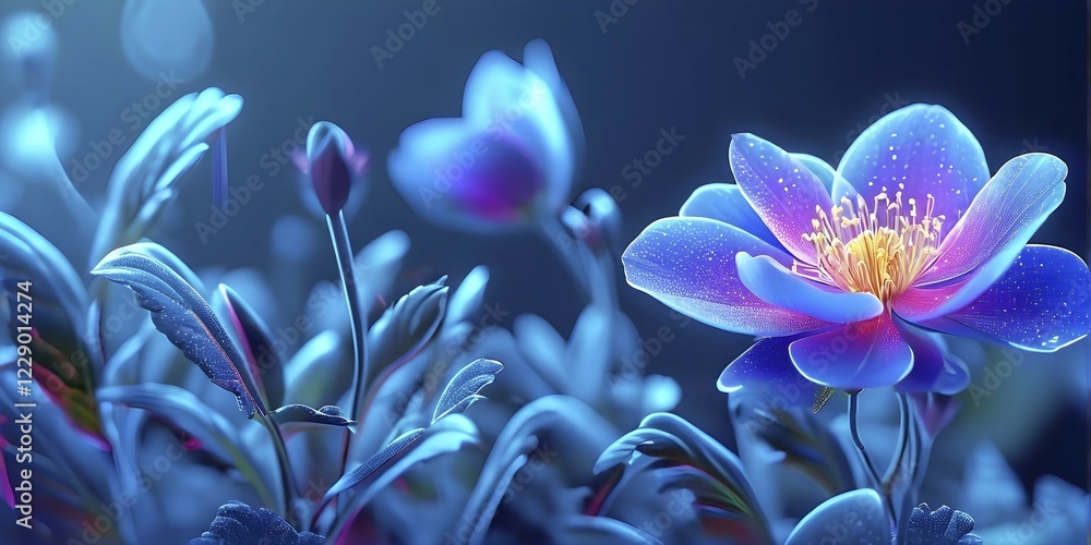 Poster digital rendered flower evolving in a futuristic forward botanical concept with minimalistic forms, 