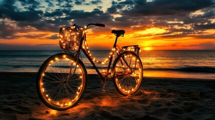 Fototapeta premium A bicycle with soft glowing string lights wrapped around its frame, set against a sunset beach view.