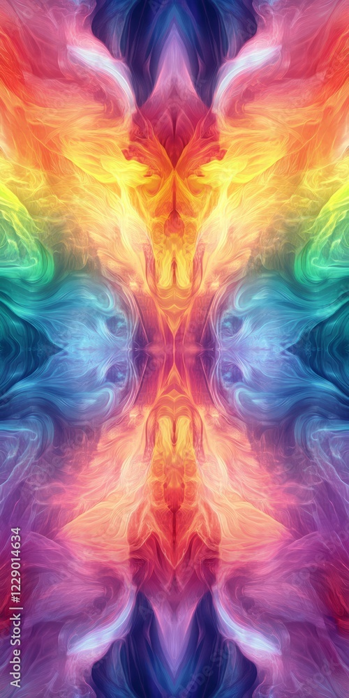 Poster colorful abstract pattern with swirling rainbow smoke creating a symmetrical, kaleidoscopic effect.