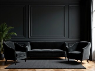 Black Velvet Sofa & Armchairs, Hollywood Glam Living Room