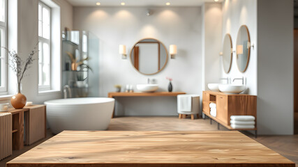 Empty wooden table podium and blurred view of stylish bathroom interior, Generative AI