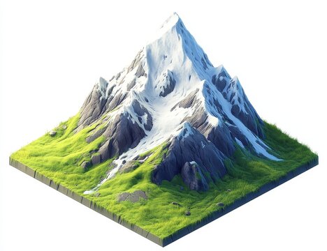 Isometric view of a snow-capped mountain with green grass. - Powered by Adobe