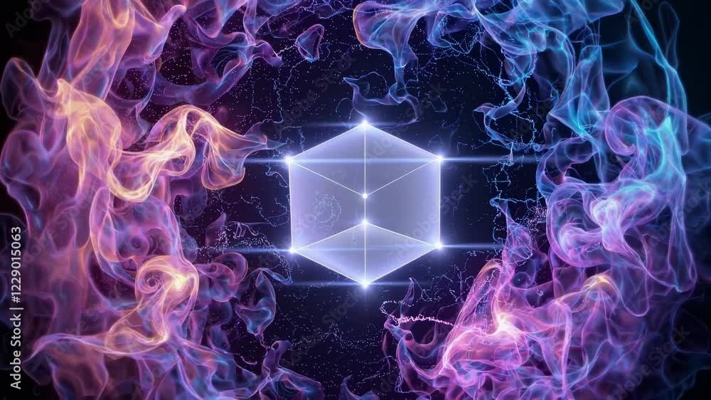 Leinwandbilder A 3D abstract depiction of a cloud server surrounded by colorful nebula dust, with soft light rays and dynamic particles illustrating seamless digital data processing and storage.
