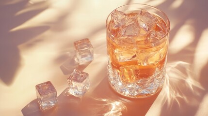 A glass of iced tea with ice cubes in it. The ice cubes are scattered around the glass, with some on the bottom and others floating on top. The glass is filled with a clear liquid