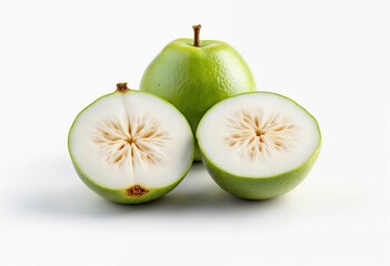 Freshly Cut Green Pear Halves and Whole Pears on a Minimalist Surface. Generative AI