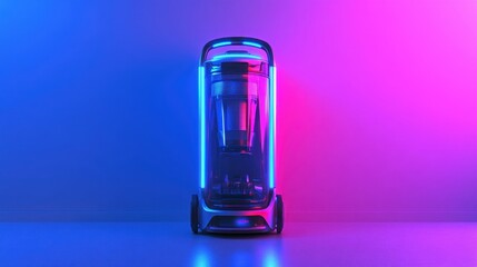 A compact vacuum cleaner standing vertically, displayed with neon lighting