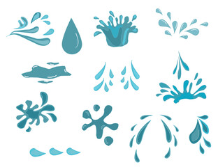 set of drops. Hand drawn waterdrop illustration. Set of versatile water splash vector illustrations. Collection of light blue water droplet and splash vector graphics.