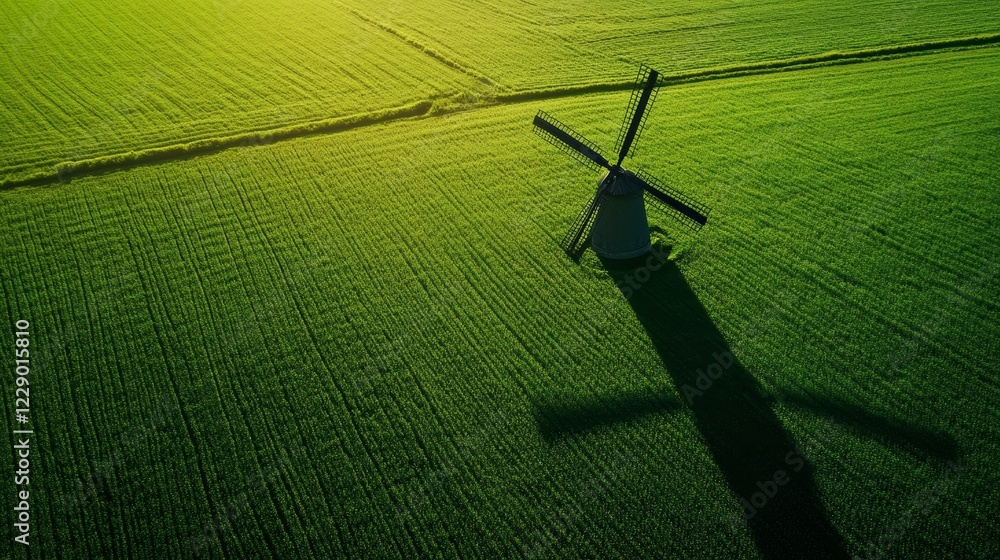 Poster a windmill is standing in a field of green grass. the windmill is the only object in the field