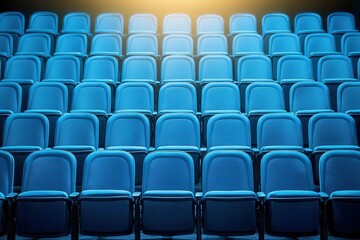 Naklejka premium Rows of empty blue chairs in a spacious auditorium setting.