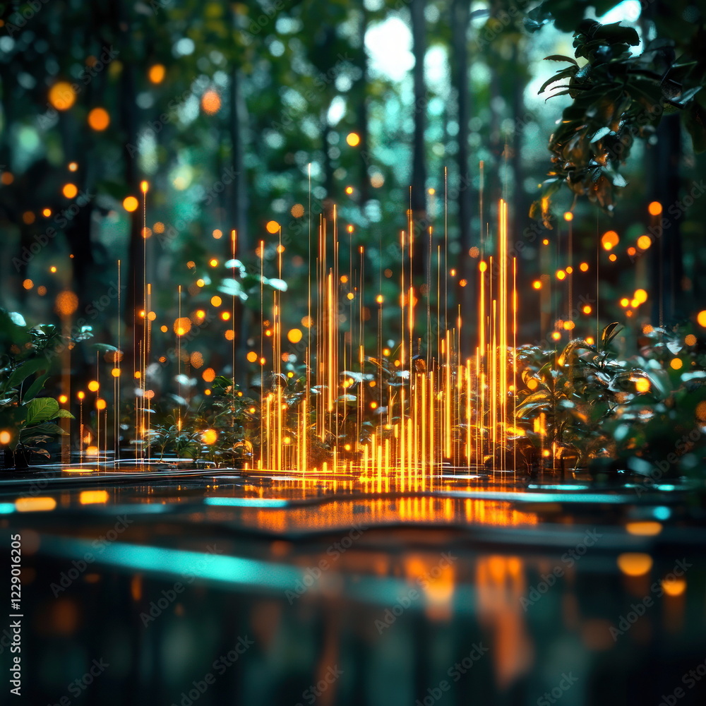 Poster exploring the enchanted forest with vibrant light patterns blurry backgrounds