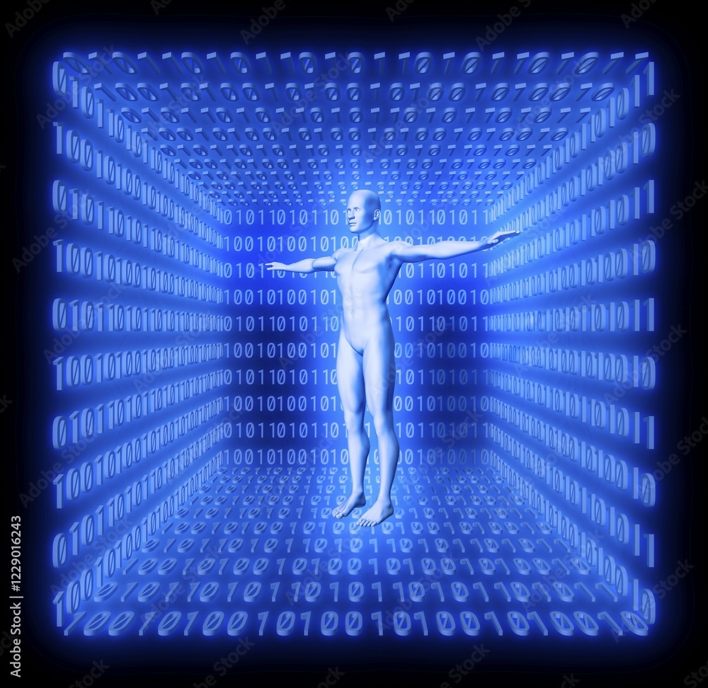 Poster man in a futuristic room made from binary code, concept digitalisation, virtual reality, avatar