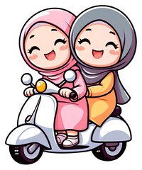 illustration cartoon two muslim girls wtih scooter bike