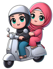 illustration cartoon two muslim girls wtih scooter bike
