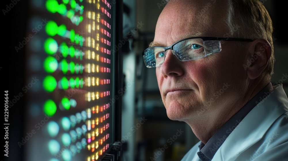 Poster scientist analyzing data on colorful display in lab