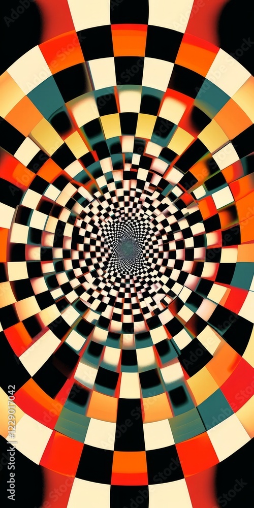 Poster a colorful checkered pattern with a black and white center. the pattern is in the shape of a circle