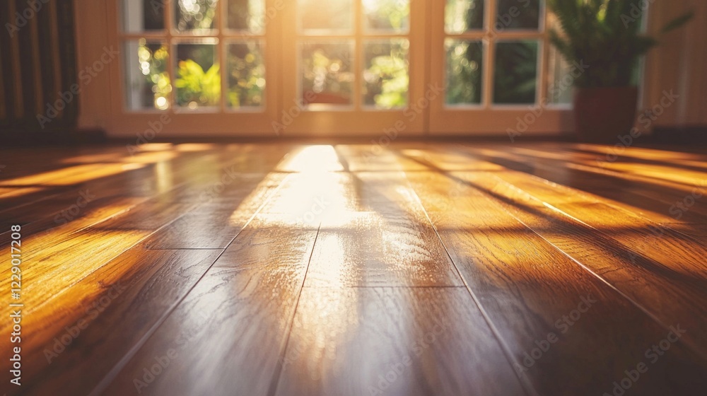 Poster sunlight streams through large windows, casting soft shadows across the smooth surface of polished w