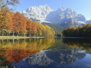 Fototapeta premium Peaceful autumn landscape with a reflective lake, towering mountains, and vibrant trees under a clear sky, AI generated